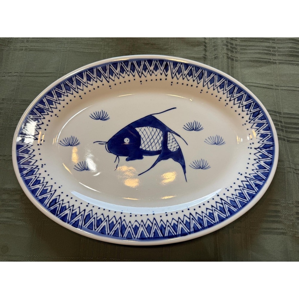 Chinese Oval Koi Serving Platter 14" Fish Blue White Hand Painted Coastal EUC!!